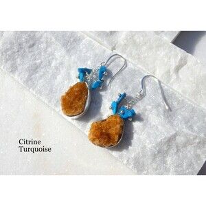 Bright Orange Citrine - Blue Arizona Turquoise Sterling Silver Earrings